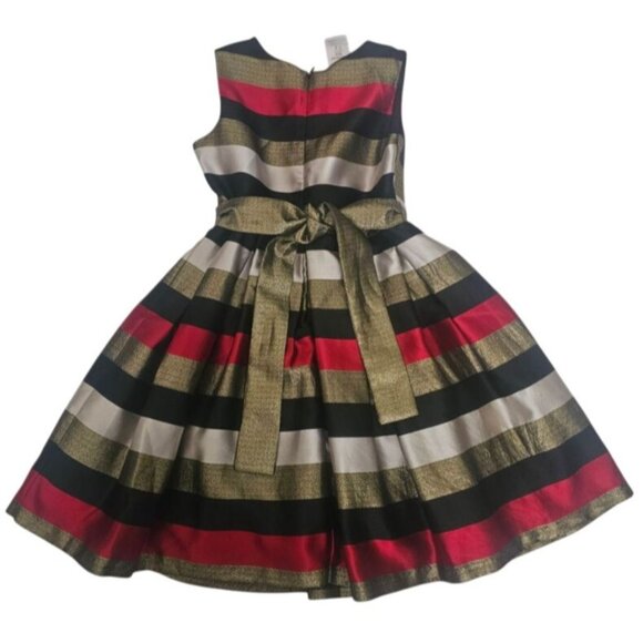 Bonnie Jean Metallic Stripe Gold Sash Bow Waist Sleeveless Party Dress Size 8 - Picture 3 of 11